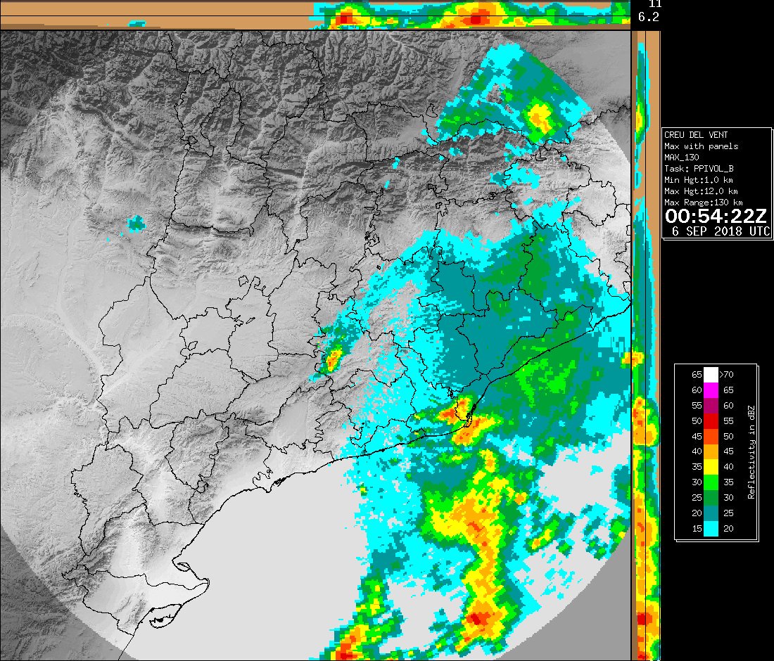 Image of the weather radar in Catalonia at around 3am local time on September 6, 2018 showing intense rainfall in Barcelona